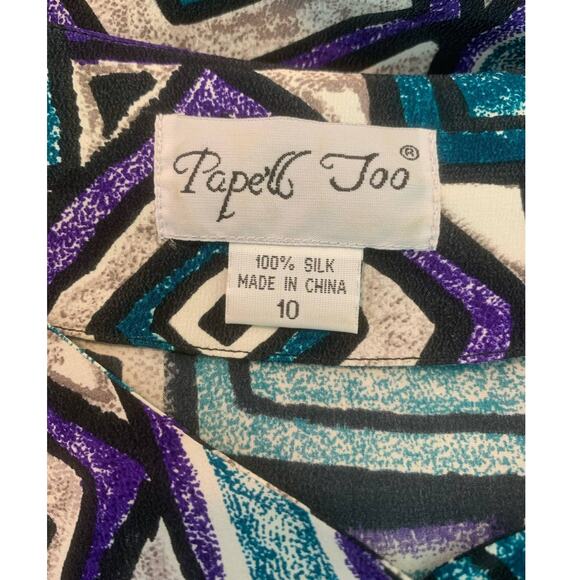 Papell Too colorful geometric print long sleeves silk tunic blouse size 10 - Picture 3 of 7